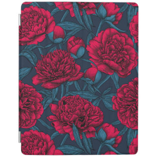 Red peony garden on dark blue iPad smart cover