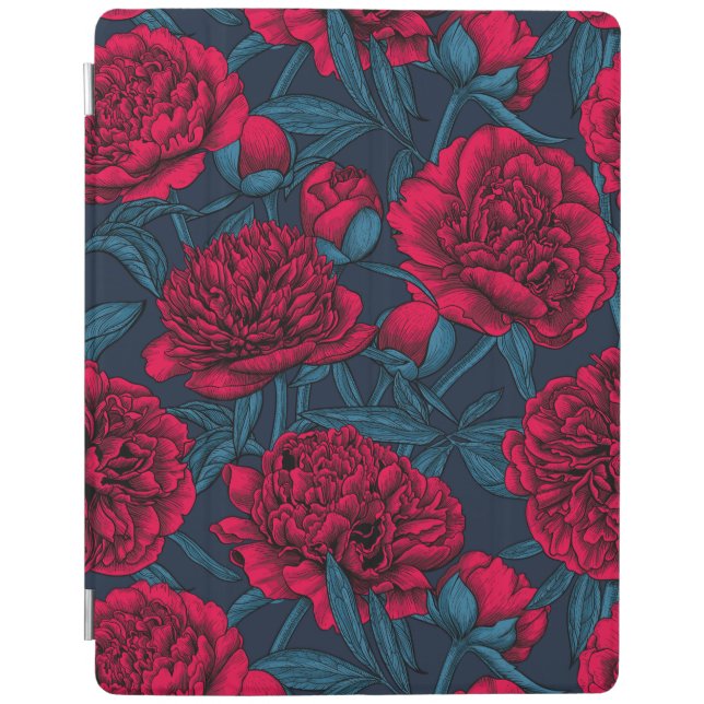 Red peony garden on dark blue iPad smart cover (Front)