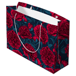 Red peony garden on dark blue large gift bag