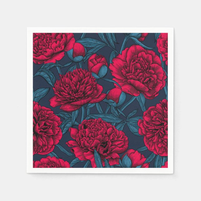 Red peony garden on dark blue napkins (Front)