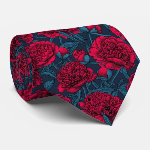 Red peony garden on dark blue neck tie