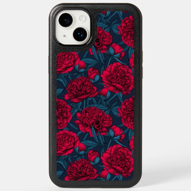Red peony garden on dark blue otterbox iPhone case (Back)