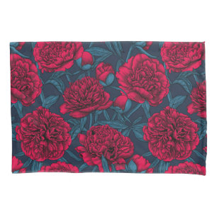 Red peony garden on dark blue pillow case