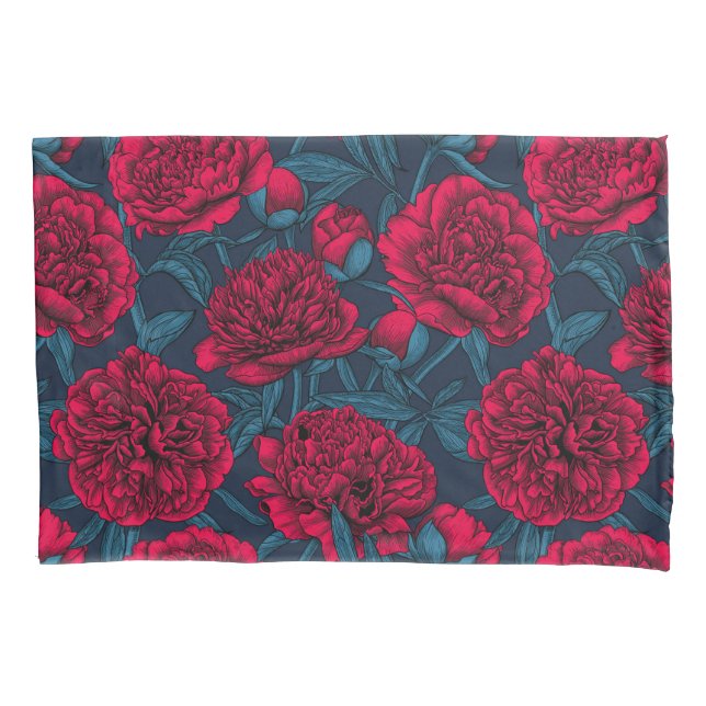 Red peony garden on dark blue pillow case (Front)