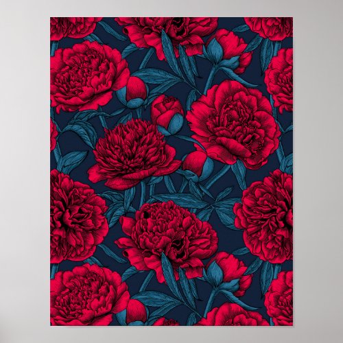 Red peony garden on dark blue poster