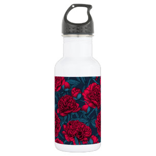 Red peony garden on dark blue stainless steel water bottle