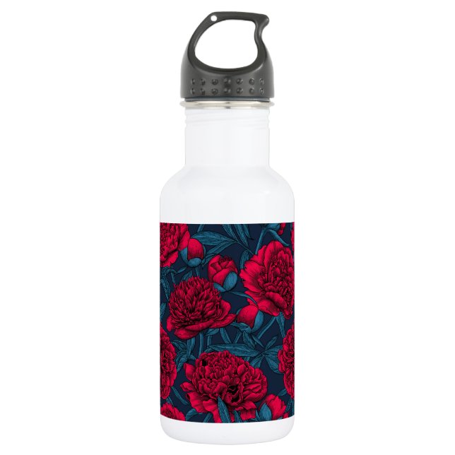 Red peony garden on dark blue stainless steel water bottle (Front)