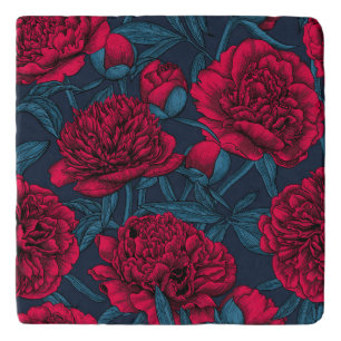 Red peony garden on dark blue trivet
