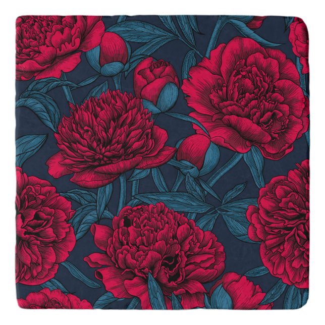 Red peony garden on dark blue trivet (Front)