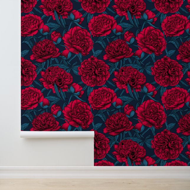 Red peony garden on dark blue wallpaper  (Application)
