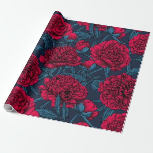 Red peony garden on dark blue wrapping paper