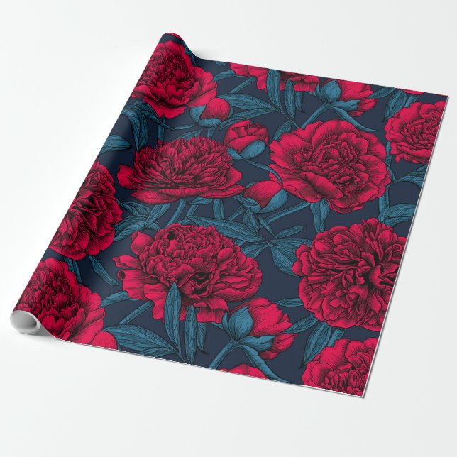 Red peony garden on dark blue wrapping paper (Unrolled)