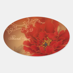 Red Peony Happiness Chinese wedding thank you Oval Sticker