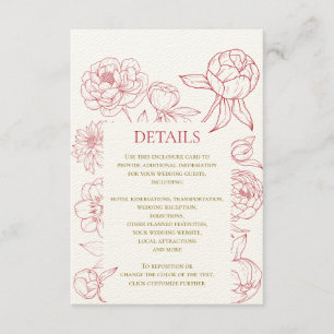 Red Peony Line Drawing Wedding Invitation, Details Enclosure Card