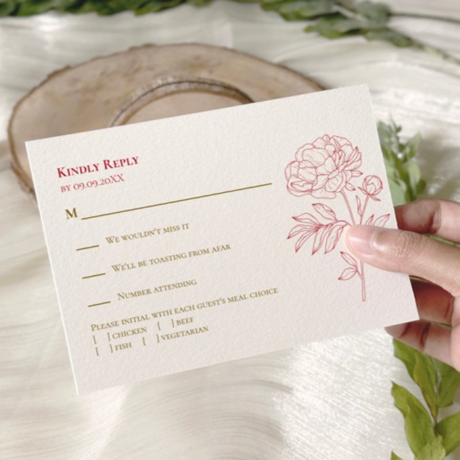 Red Peony Line Drawing Wedding Invitation,  RSVP Card (Creator Uploaded)