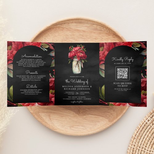 Red Peony Mason Jar QR Code Charcoal Wedding Tri_Fold Invitation