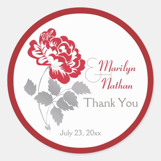 Red Peony on White with Taupe 1.5" Round Sticker (Front)
