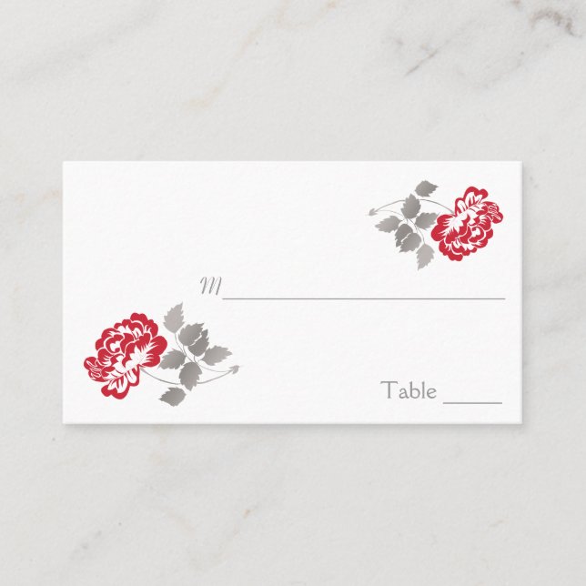 Red Peony on White with Taupe Placecards (Front)