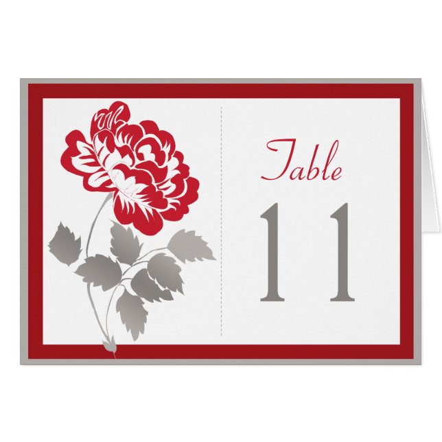 Red Peony on White with Taupe Table Number Card (Front Horizontal)