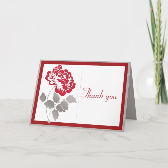 Red Peony on White with Taupe Thank You Card (Front)