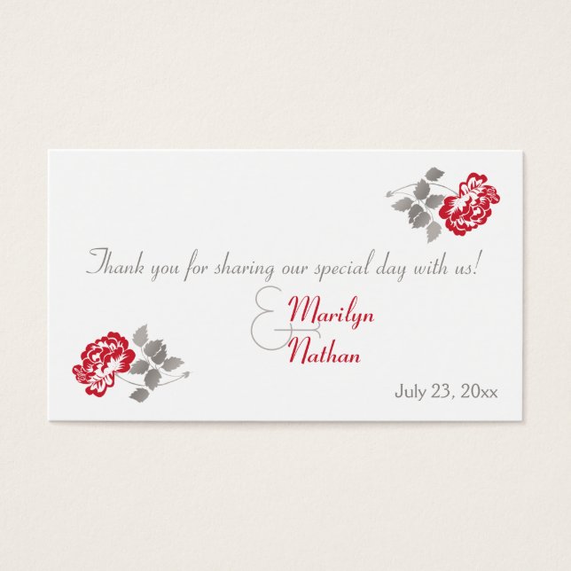 Red Peony on White with Taupe Wedding Favor Tag (Front)