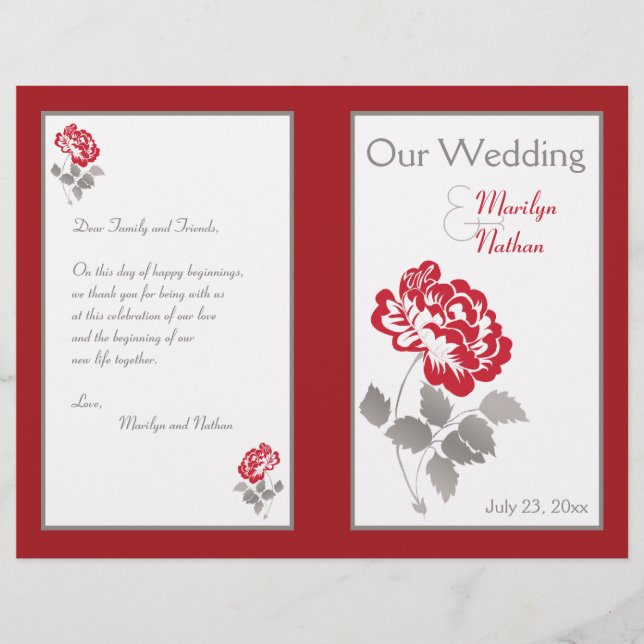 Red Peony on White with Taupe Wedding Program (Front)