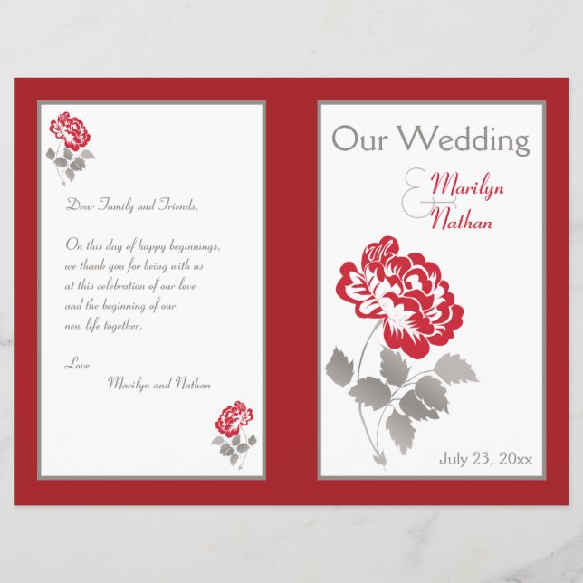 Red Peony on White with Taupe Wedding Program (Front)