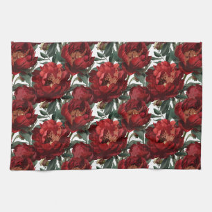 Red Peony Painterly Floral Kitchen Towel