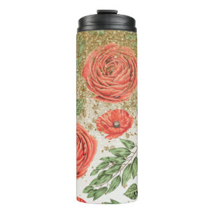 *~* Red PEONY POPPY Gold Glitter Floral Thermal Tumbler