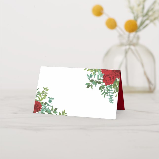 Red Peony & Rose Floral Wedding Place Card (Front)