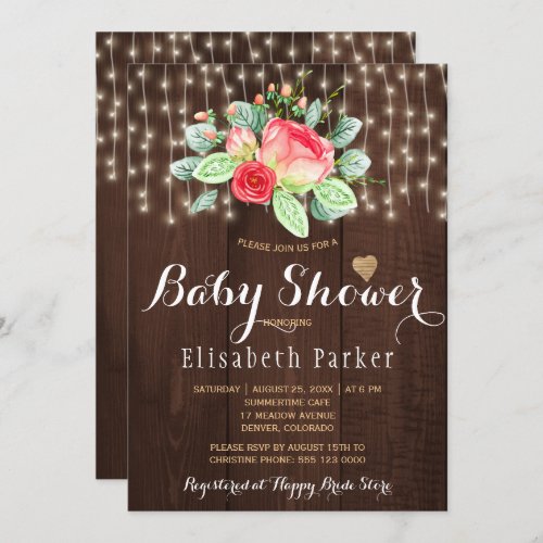 Red Peony Roses on Rustic Barn Wood Baby Shower Invitation