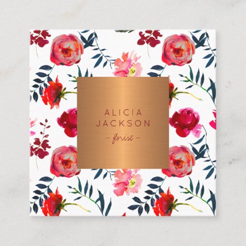 Red peony roses rose gold copper label florist square business card