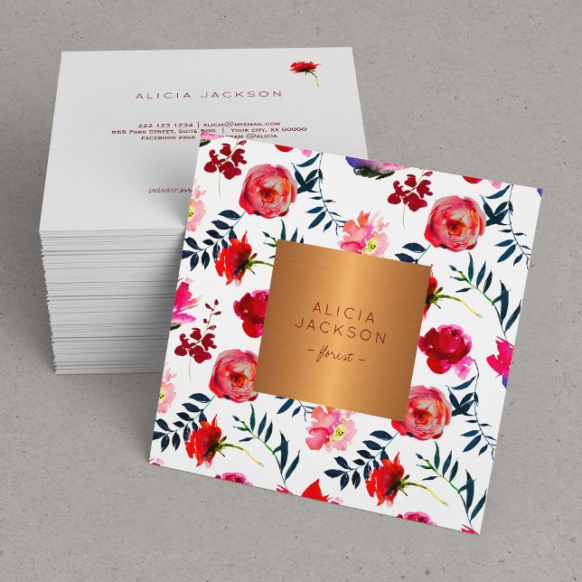 Red peony roses rose gold copper label florist square business card (Creator Uploaded)