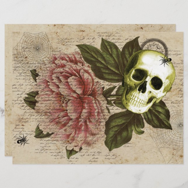 Red Peony Steampunk Skull Ephemera Letterhead (Front/Back)