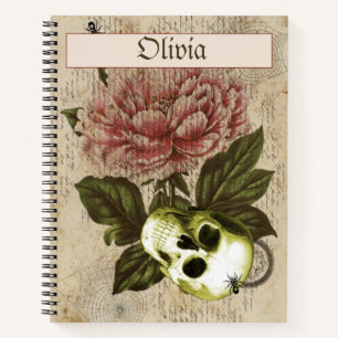 Red Peony Steampunk Skull Ephemera Notebook