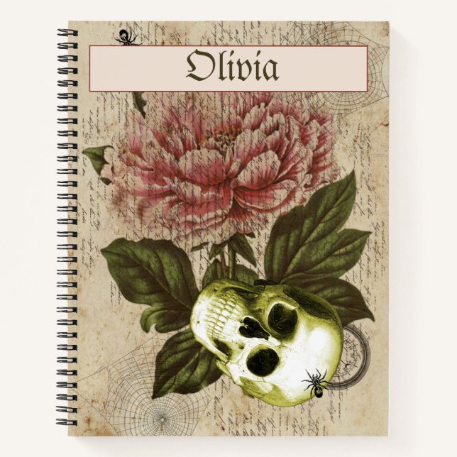 Red Peony Steampunk Skull Ephemera Notebook (Front)