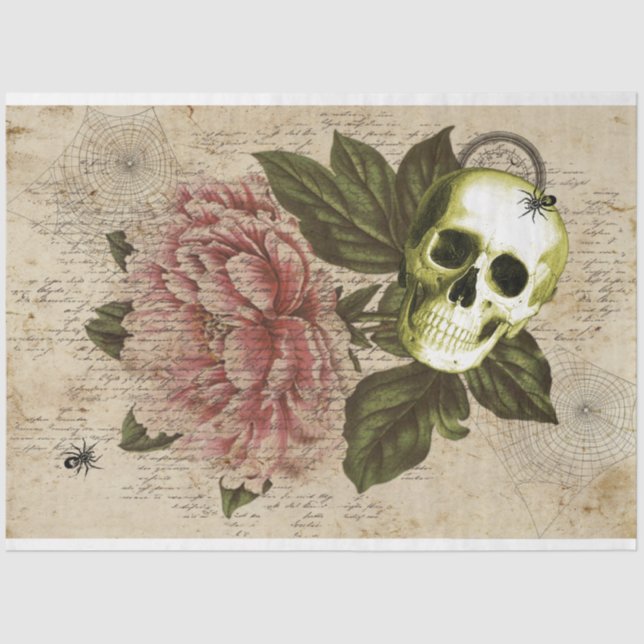 Red Peony Steampunk Skull Ephemera Tissue Paper (Front)
