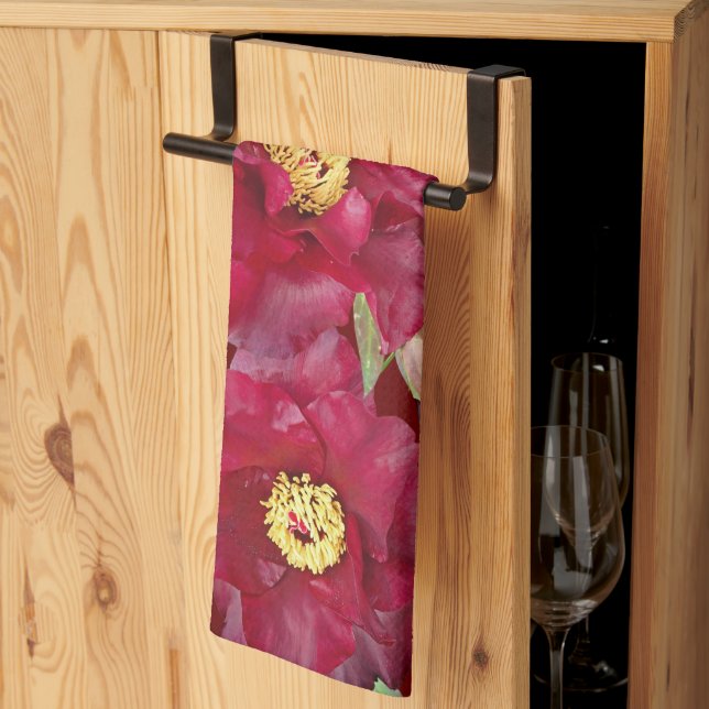 Red Peony with Foliage on Dark Red Background  Kitchen Towel (Thirds Fold)