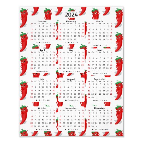Red Pepper Diva Cartoon Pattern 2024 Calendar Photo Print