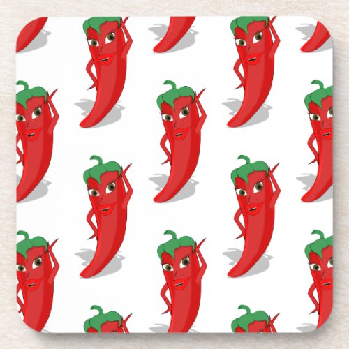 Red Pepper Diva Cartoon Pattern Beverage Coaster