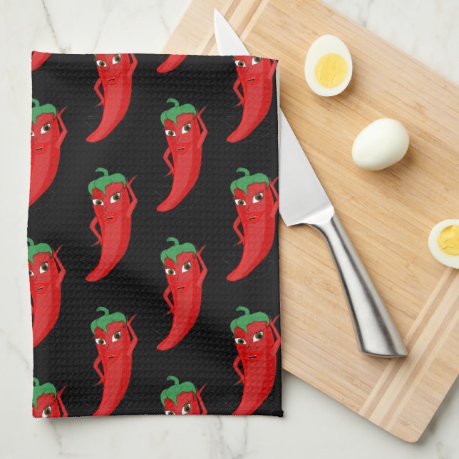 Red Pepper Diva Cartoon Pattern On Black  Kitchen Towel (Quarter Fold)