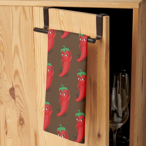 Red Pepper Diva Cartoon Pattern On Brown Kitchen Towel