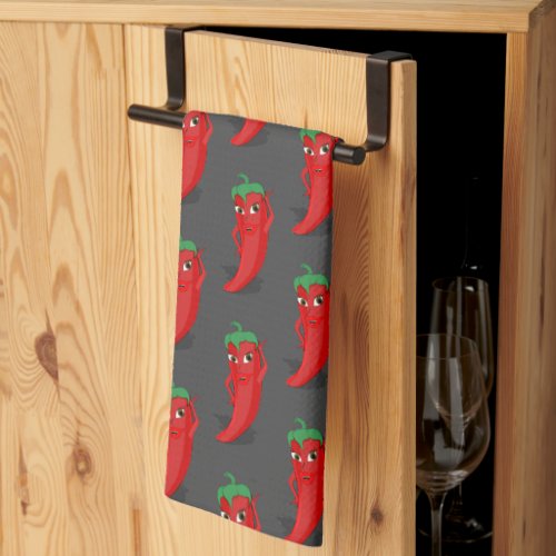 Red Pepper Diva Cartoon Pattern On Gray Kitchen Towel