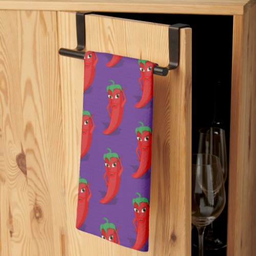 Red Pepper Diva Cartoon Pattern On Purple  Kitchen Towel