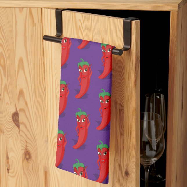 Red Pepper Diva Cartoon Pattern On Purple  Kitchen Towel (Thirds Fold)
