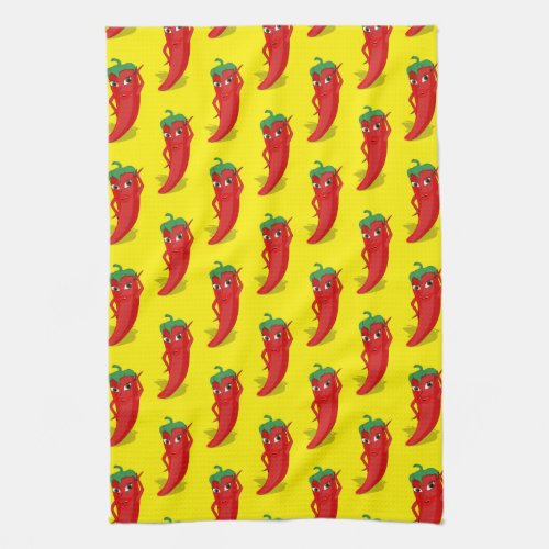 Red Pepper Diva Cartoon Pattern On Yellow Kitchen Towel