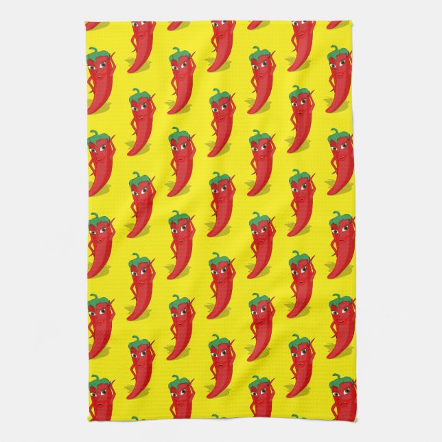 Red Pepper Diva Cartoon Pattern On Yellow Kitchen Towel (Vertical)