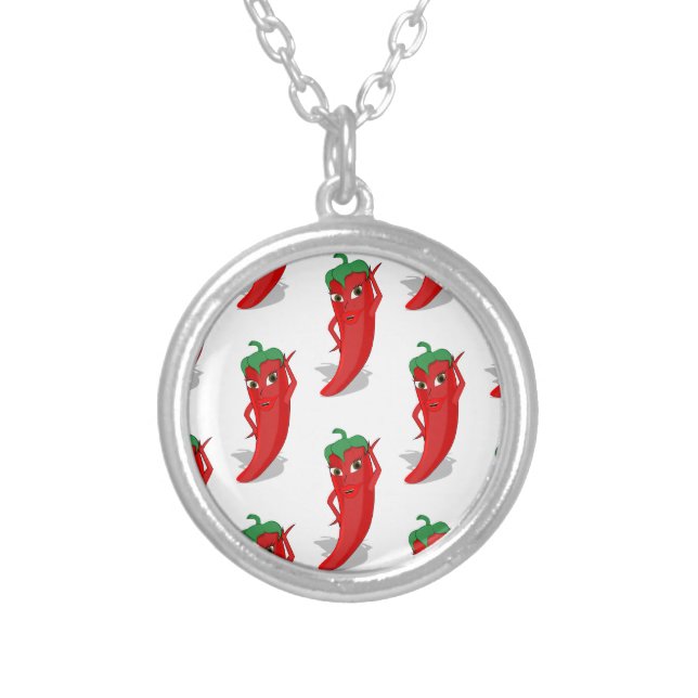 Red Pepper Diva Cartoon Pattern Silver Plated Necklace (Front)