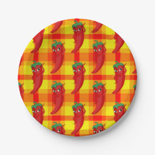 Red Pepper Diva Orange Yellow Plaid Pattern Paper Plates