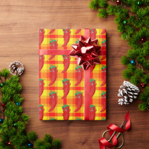 Red Pepper Diva Orange Yellow Plaid Pattern Wrapping Paper